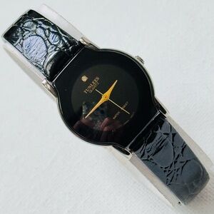 Vintage Tunlees Diamond Accent Women's Black Quartz Dress Watch Leather